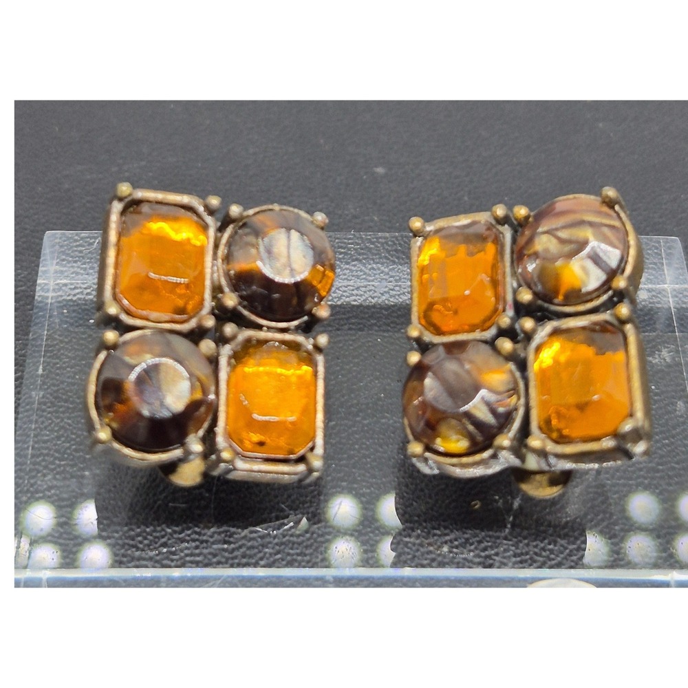 Vintage Earrings Woman Amber Brown Stone Clip On Brass Tone Geometric Statement